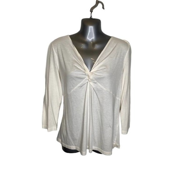 Talbots Cream Pearl Ivory V Neck Knit Top Size Large Cotton Model - Picture 2 of 4